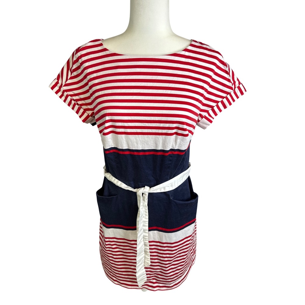 Tommy Hilfiger Women Striped Nautical Sheath Dress Navy Red White Belted Size 10 - Picture 9 of 10